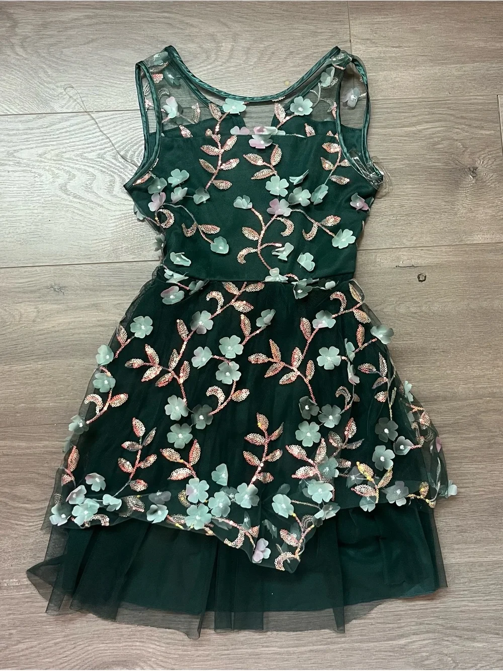 Speechless Dark Green Floral Appliqué Tulle Party Dress
